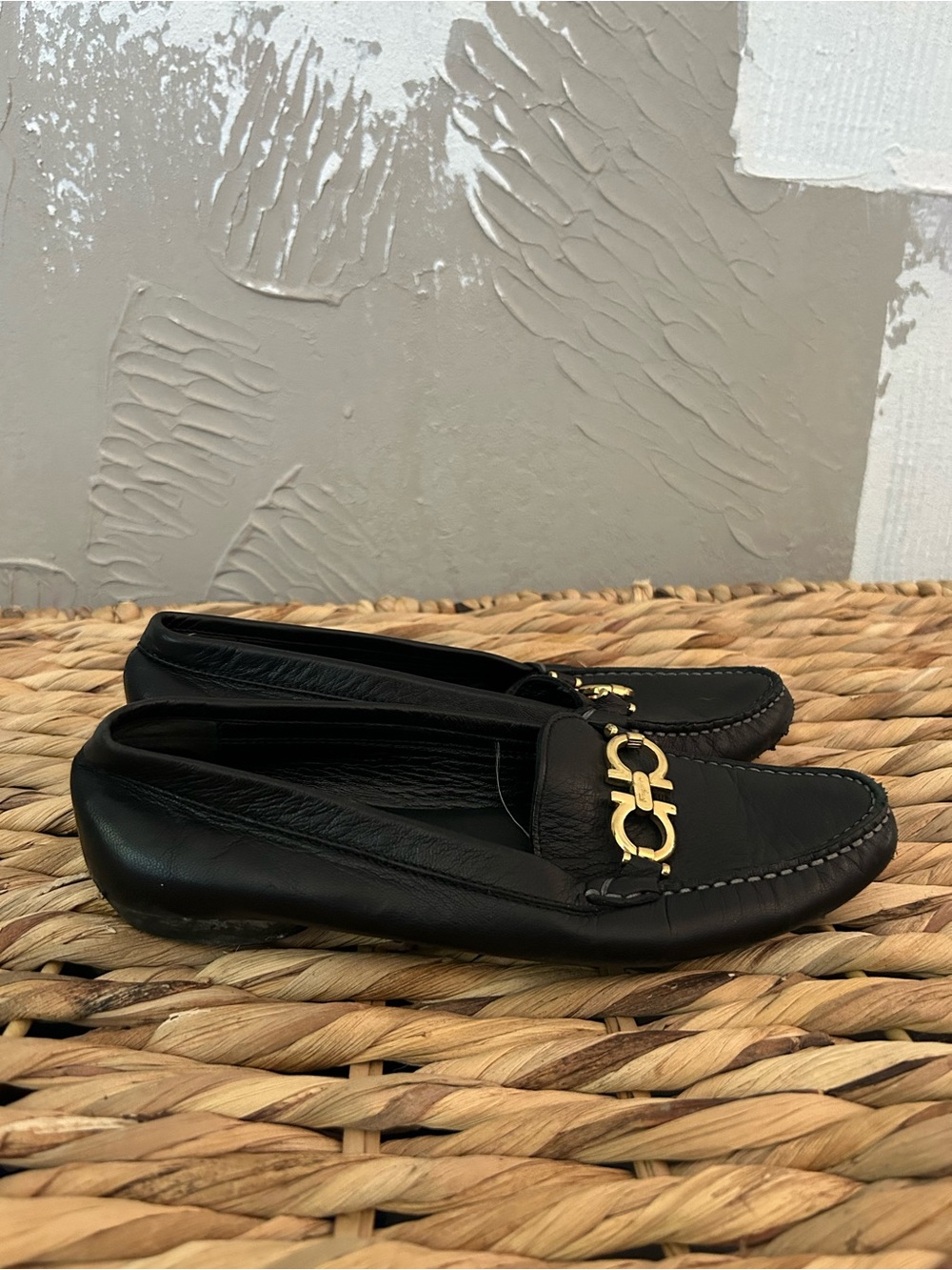 Salvatore Ferragamo Black Leather Driving Loafers with Gold Bit